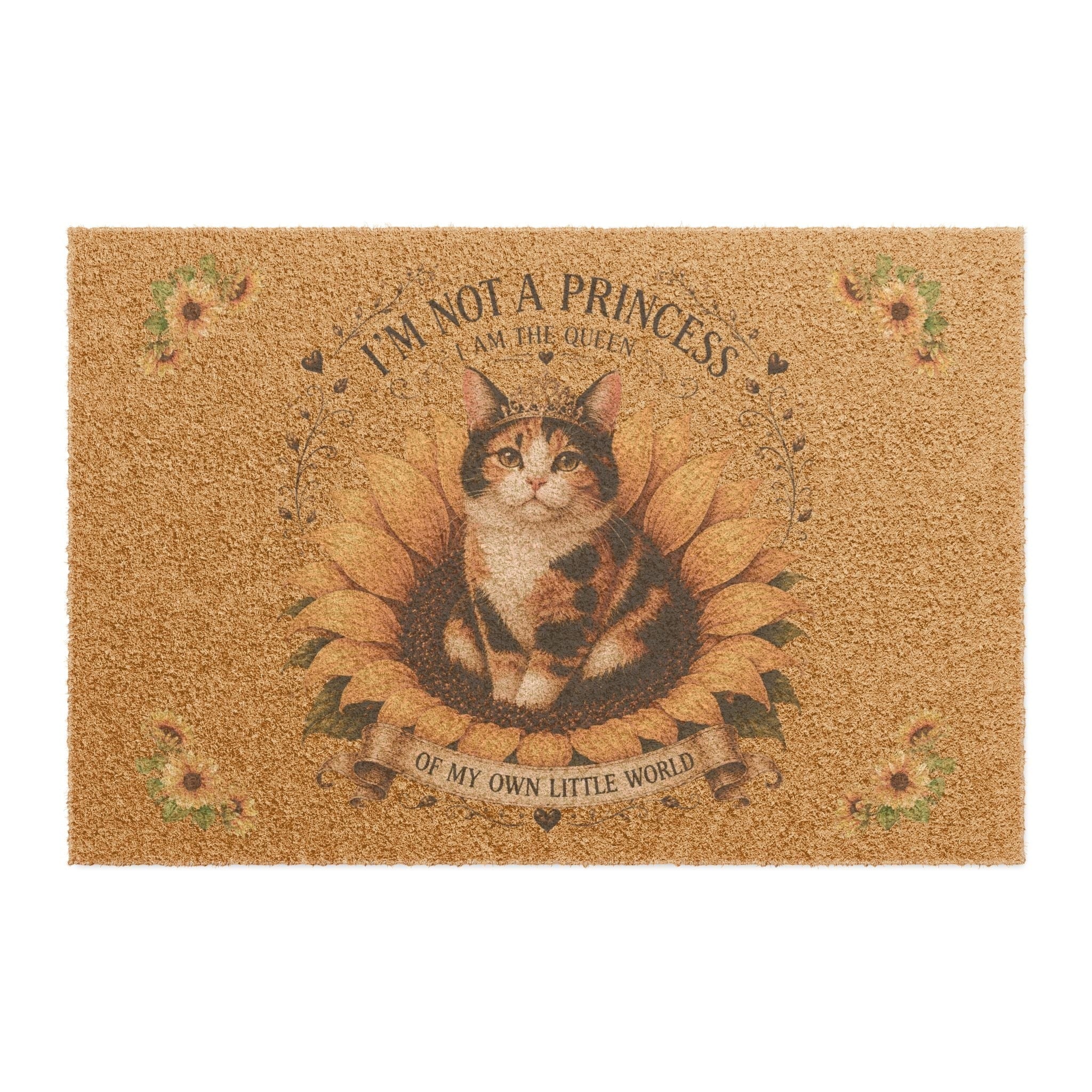 Jena Jewelry coir doormat featuring a crowned calico cat in a sunflower with the text I am the queen of my own world.