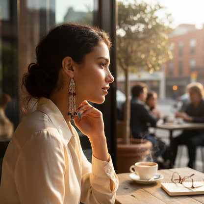 Jena Jewelry cascading gemstone strand earrings with silver chains and burgundy beads, 4 inches long, worn by a woman at a cafe.