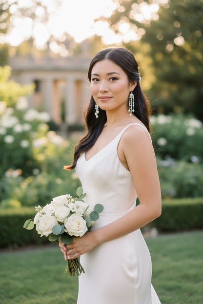 Jena Jewelry cascading freshwater pearl bridal earrings with silver-tone chains and luminous pearls, 4-inch length.