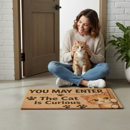 Jena Jewelry coir doormat with "You May Enter The Cat Is Curious" text and an orange cat peeking around the side.