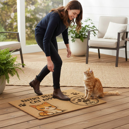 Jena Jewelry funny coir doormat with "Entry Requires Cat Approval" text and a cartoon cat graphic.