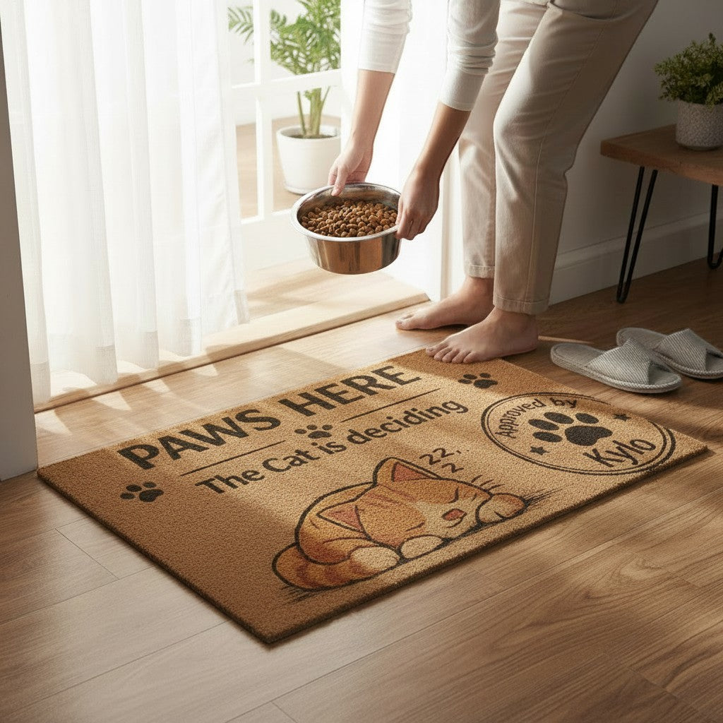 Jena Jewelry natural coir doormat with "Paws Here, The Cat Is Deciding" text and a sleeping cat graphic.