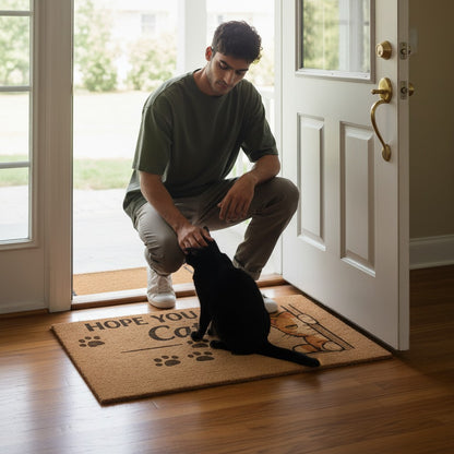 Jena Jewelry natural coir doormat with "HOPE YOU LIKE Cats" text and a peeking cat graphic.