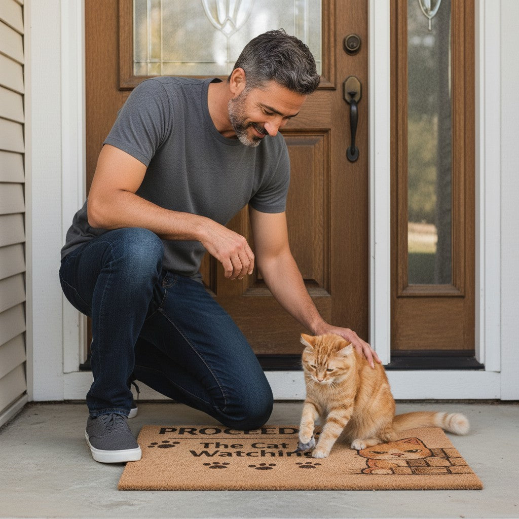 Jena Jewelry brown coir doormat with "Proceed... The Cat is Watching" text and a cartoon cat peeking over bricks.