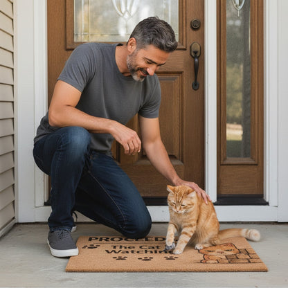 Jena Jewelry brown coir doormat with "Proceed... The Cat is Watching" text and a cartoon cat peeking over bricks.