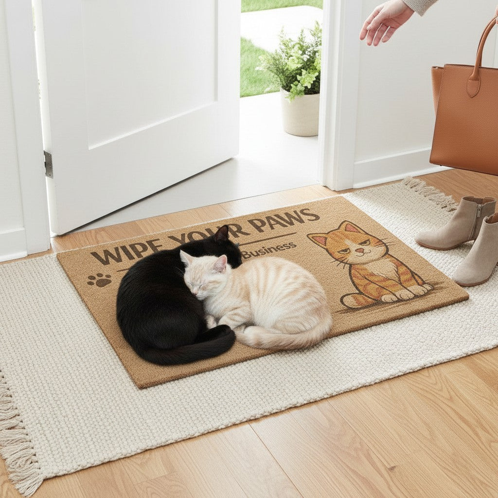 Jena Jewelry funny cat doormat with "Wipe Your Paws" text and cartoon cat graphic. Natural coir material.