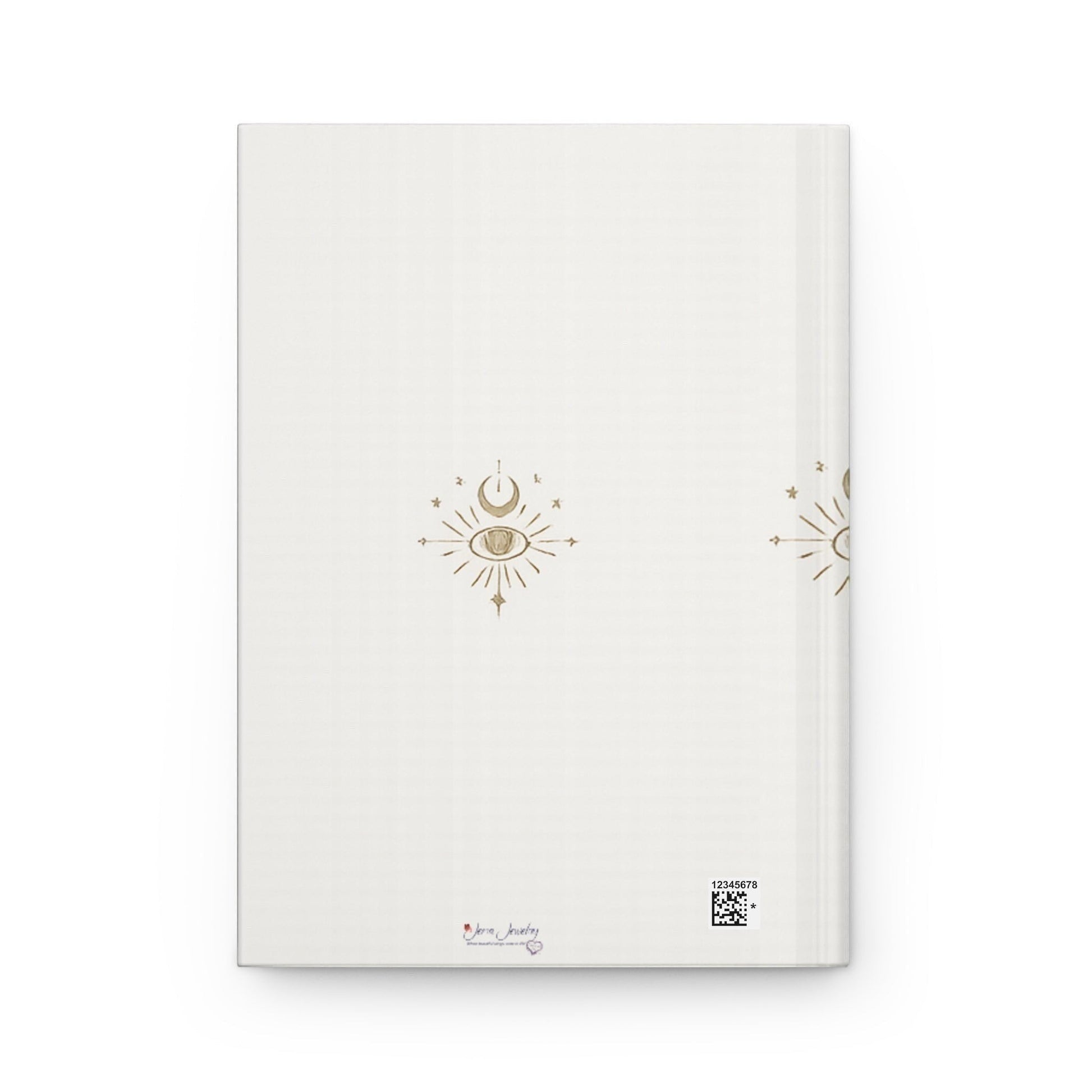 Jena Jewelry hardcover journal with celestial eye and moon design in gold on a cream background. Ideal for affirmations, manifestation, and gratitude.