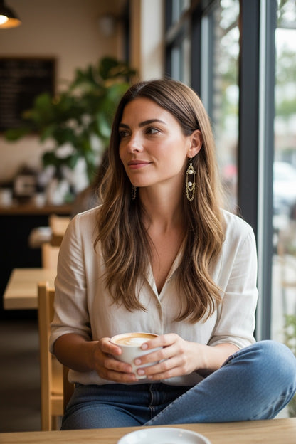 Jena Jewelry handcrafted chain-link dangle earrings with two white stones and sterling silver details, worn by a woman holding coffee.