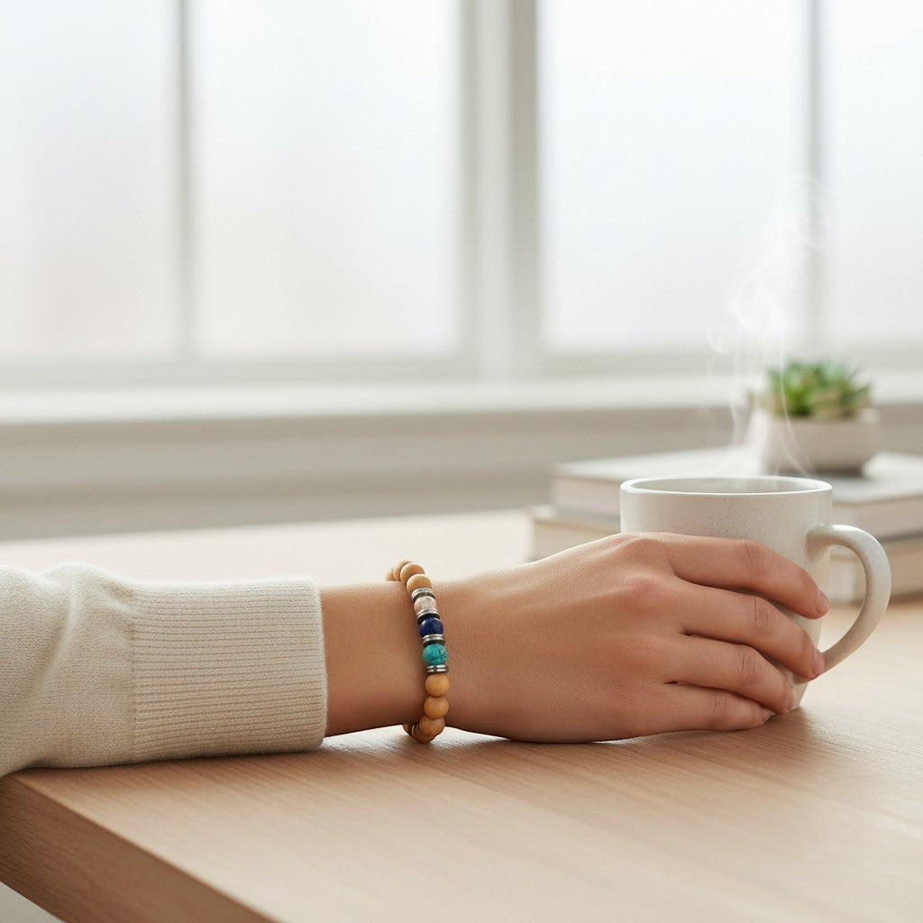 Jena Jewelry Chakra Stretch Bracelet with sandalwood beads and colorful gemstones on a woman's wrist holding a steaming mug.