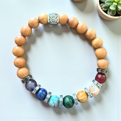 Jena Jewelry Chakra Stretch Bracelet with sandalwood beads, amethyst, lapis lazuli, jade, tiger eye, and red agate.