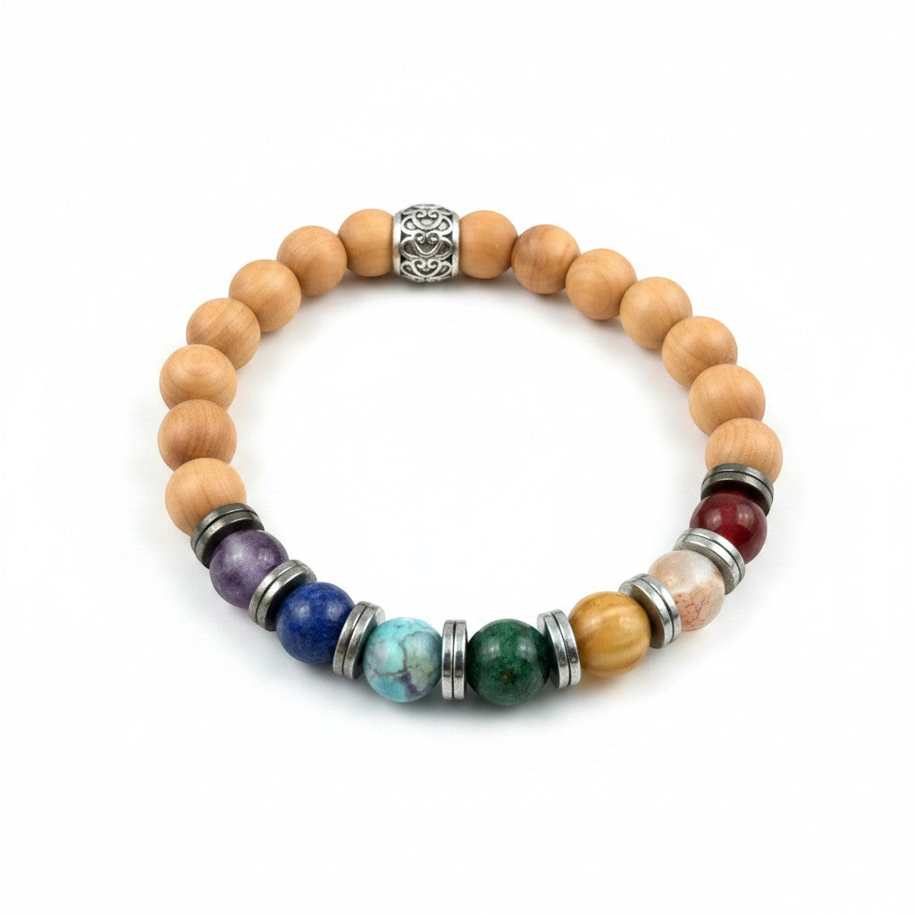 Jena Jewelry Chakra Stretch Bracelet with amethyst, lapis, jade, sandalwood beads and silver accent.