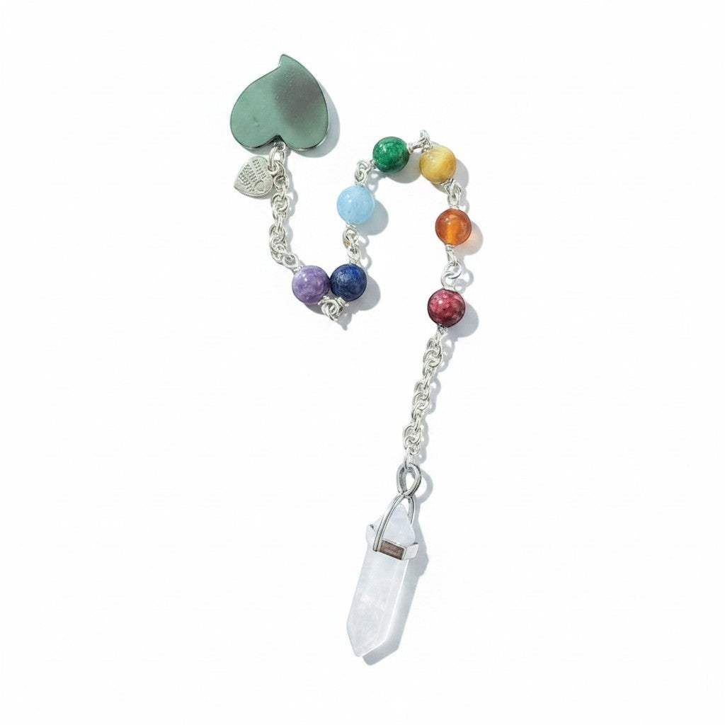 Jena Jewelry chakra healing pendulum with hematite heart, gemstone beads, and rose quartz point on chainmaille handle.
