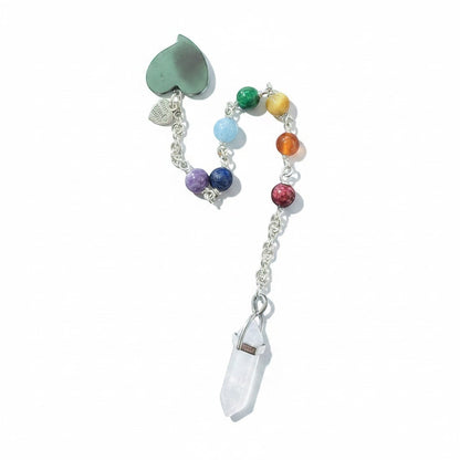 Jena Jewelry chakra healing pendulum with hematite heart, gemstone beads, and rose quartz point on chainmaille handle.