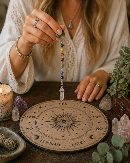 Woman holding a Jena Jewelry chakra healing pendulum with hematite heart, gemstone beads, and rose quartz point over a divination board.