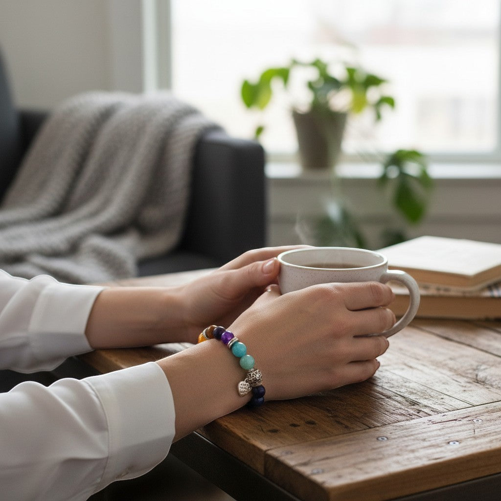 Jena Jewelry Chakra Stretch Bracelet with colorful beads including amethyst, lapis, aventurine, tiger eye, and jade, worn by a woman holding a steaming mug.