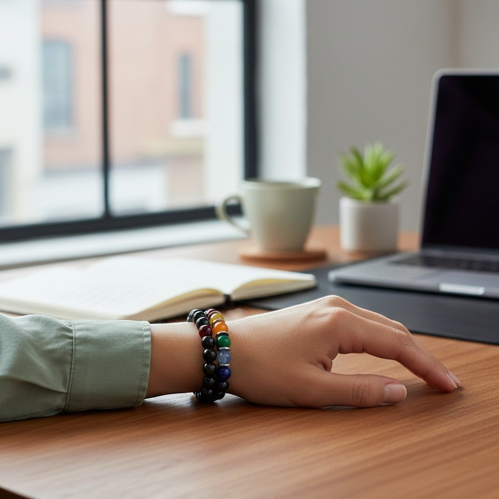 Jena Jewelry Chakra Stretch Bracelet with colorful beads including red, orange, yellow, green, blue, and purple, worn on a wrist at a desk.