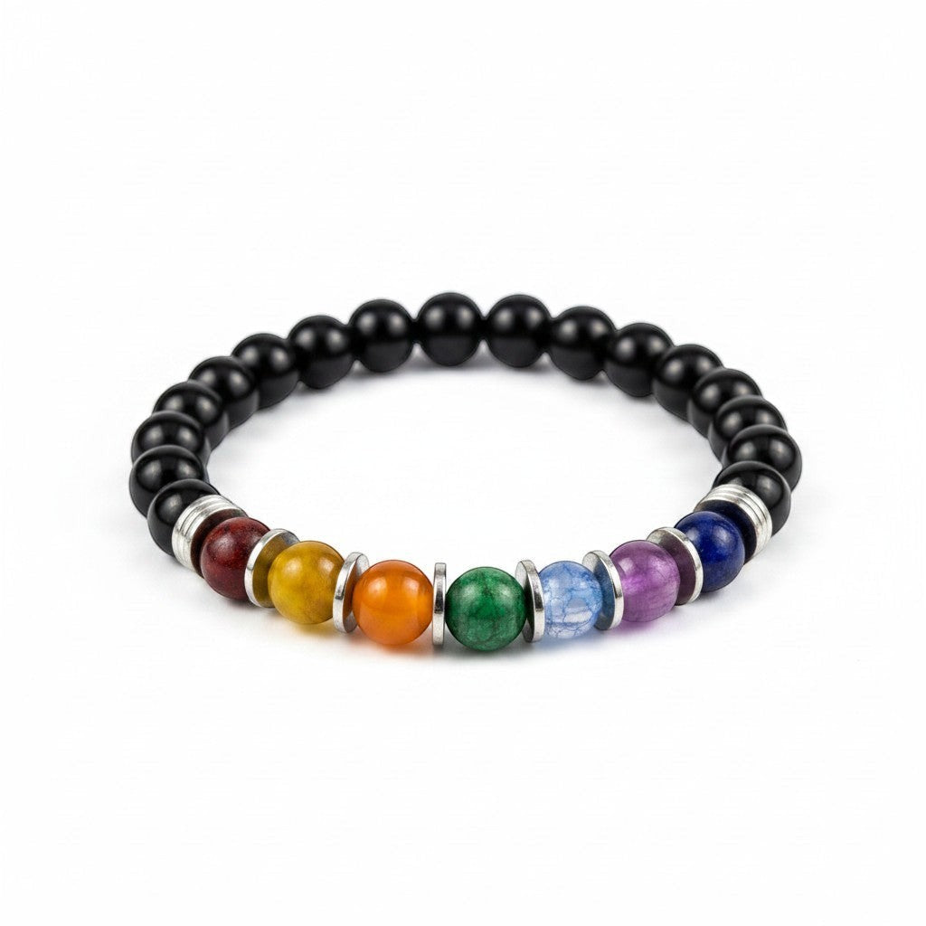 Jena Jewelry Chakra Stretch Bracelet with black onyx beads and rainbow colored gemstone beads for spiritual wellness.