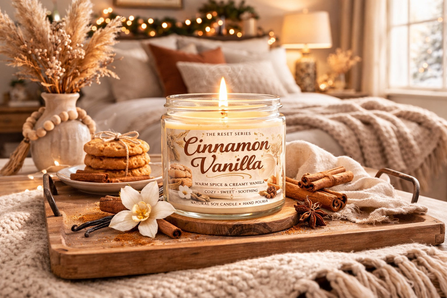 Jena Jewelry Cinnamon Vanilla soy candle with a lit wick, on a wooden tray with cookies, cinnamon sticks, and star anise.