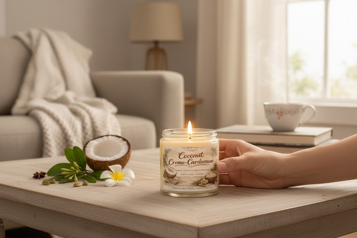 Jena Jewelry Coconut Cardamom soy candle in a glass jar, lit with a warm flame, on a wooden table with coconut halves and spices.