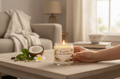 Jena Jewelry Coconut Cardamom soy candle in a glass jar, lit with a warm flame, on a wooden table with coconut halves and spices.