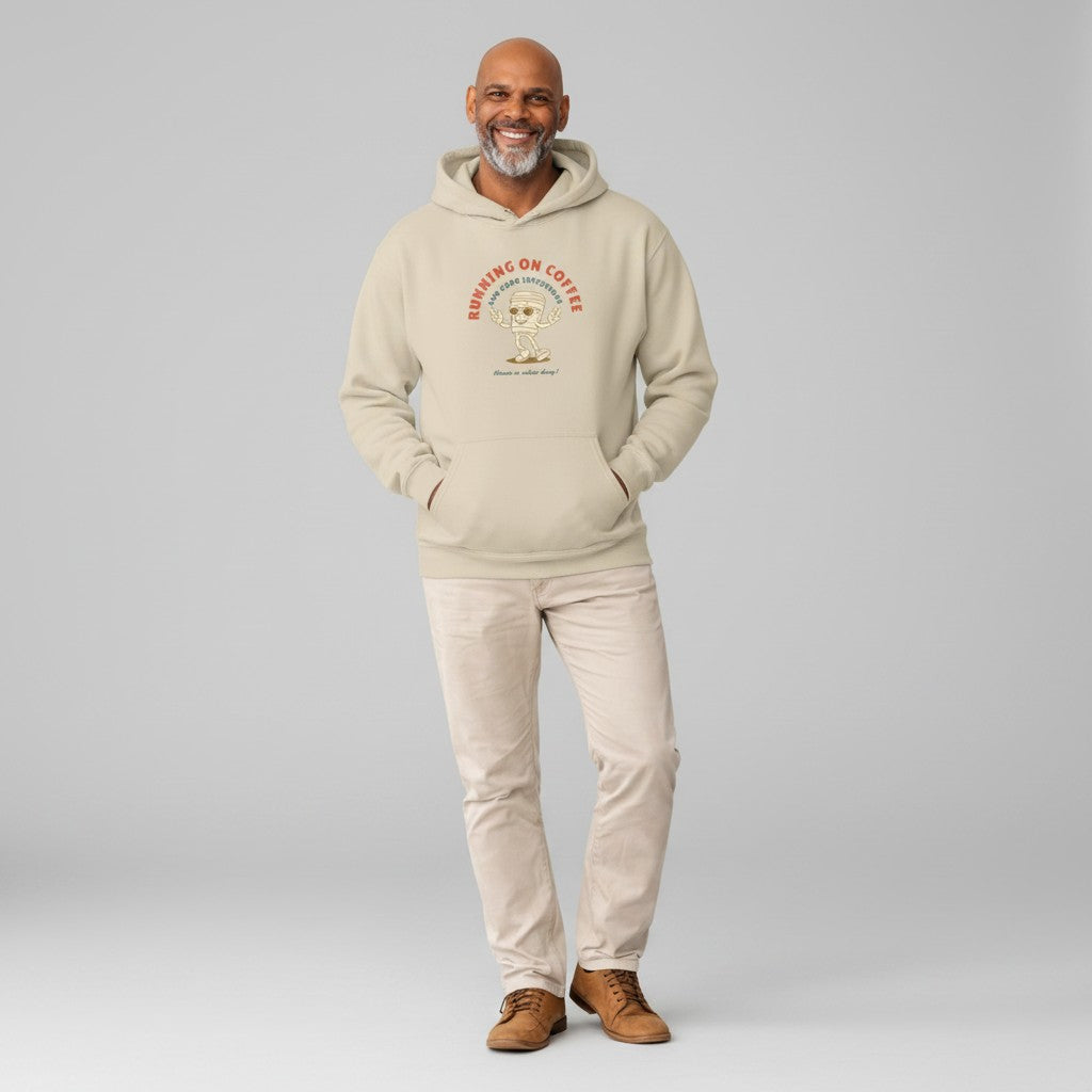 Jena Jewelry cream-white cotton-poly blend hoodie with "Running on Coffee" graphic and kangaroo pocket.