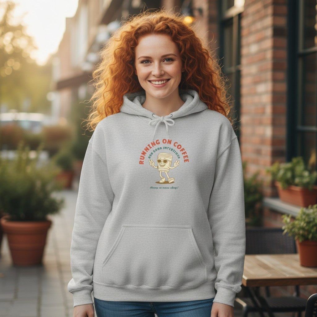 Jena Jewelry light grey cotton-poly blend hoodie with a graphic of a coffee cup and text "Running on Coffee".
