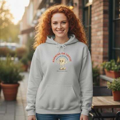 Jena Jewelry light grey cotton-poly blend hoodie with a graphic of a coffee cup and text "Running on Coffee".