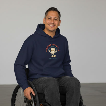 Jena Jewelry navy blue cotton-poly blend hoodie with "Running on Coffee" graphic and kangaroo pocket.