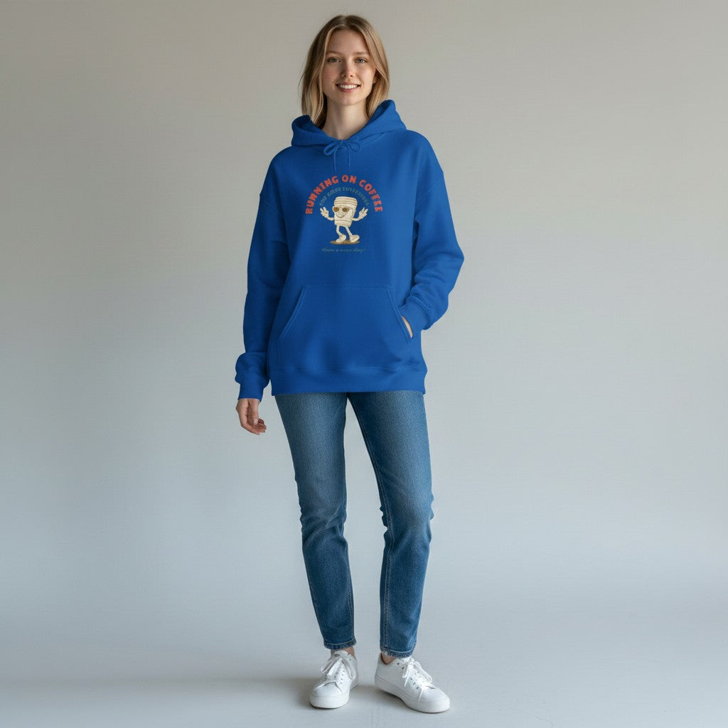 Jena Jewelry royal blue cotton-poly blend hoodie with "Running on Coffee" graphic and kangaroo pocket.