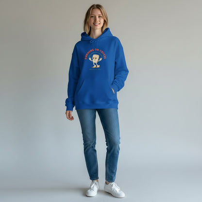 Jena Jewelry royal blue cotton-poly blend hoodie with "Running on Coffee" graphic and kangaroo pocket.