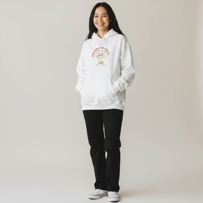 Jena Jewelry white cotton-poly blend hoodie with "Running on Coffee" graphic and kangaroo pocket.