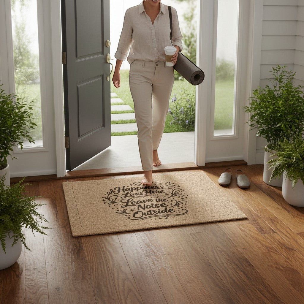 Jena Jewelry natural coir doormat with black "Happiness Lives Here, Leave the Noise Outside" text. A woman walks into a home.