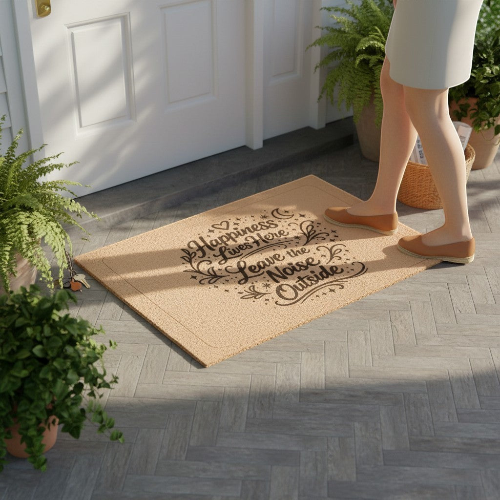 Jena Jewelry natural coir doormat with black "Happiness Lives Here Leave the Noise Outside" text. Outdoor use.
