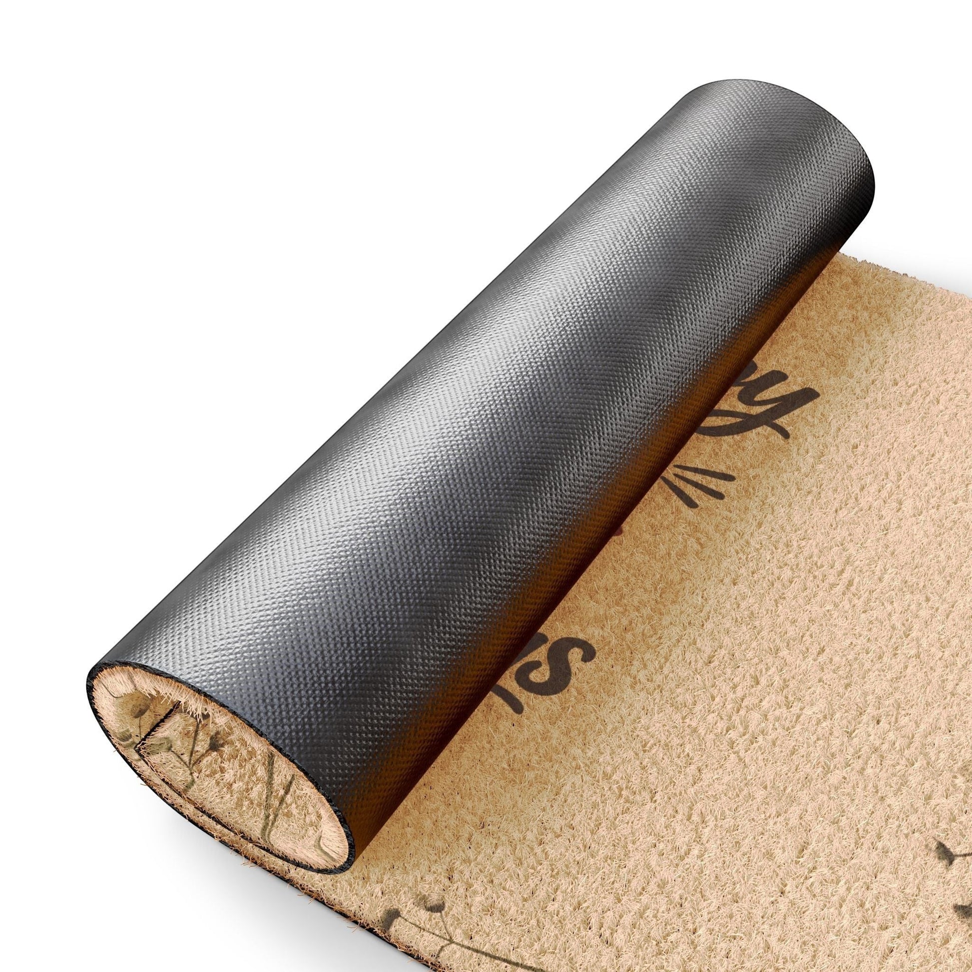 Jena Jewelry natural coir doormat with black vinyl backing, featuring "So Happy You Made It" text.