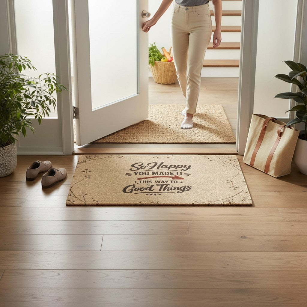 Jena Jewelry natural coir doormat with "So Happy You Made It, This Way To Good Things" text and decorative border. Outdoor entryway decor.
