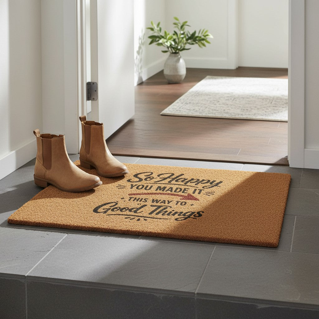 Jena Jewelry natural coir doormat with black text reading "So Happy You Made It - This Way To Good Things".