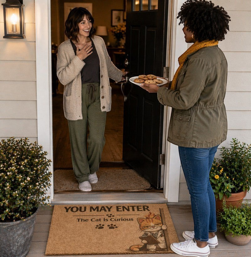 Jena Jewelry "You May Enter The Cat Is Curious" doormat, made of natural coir with a cat graphic and paw prints.