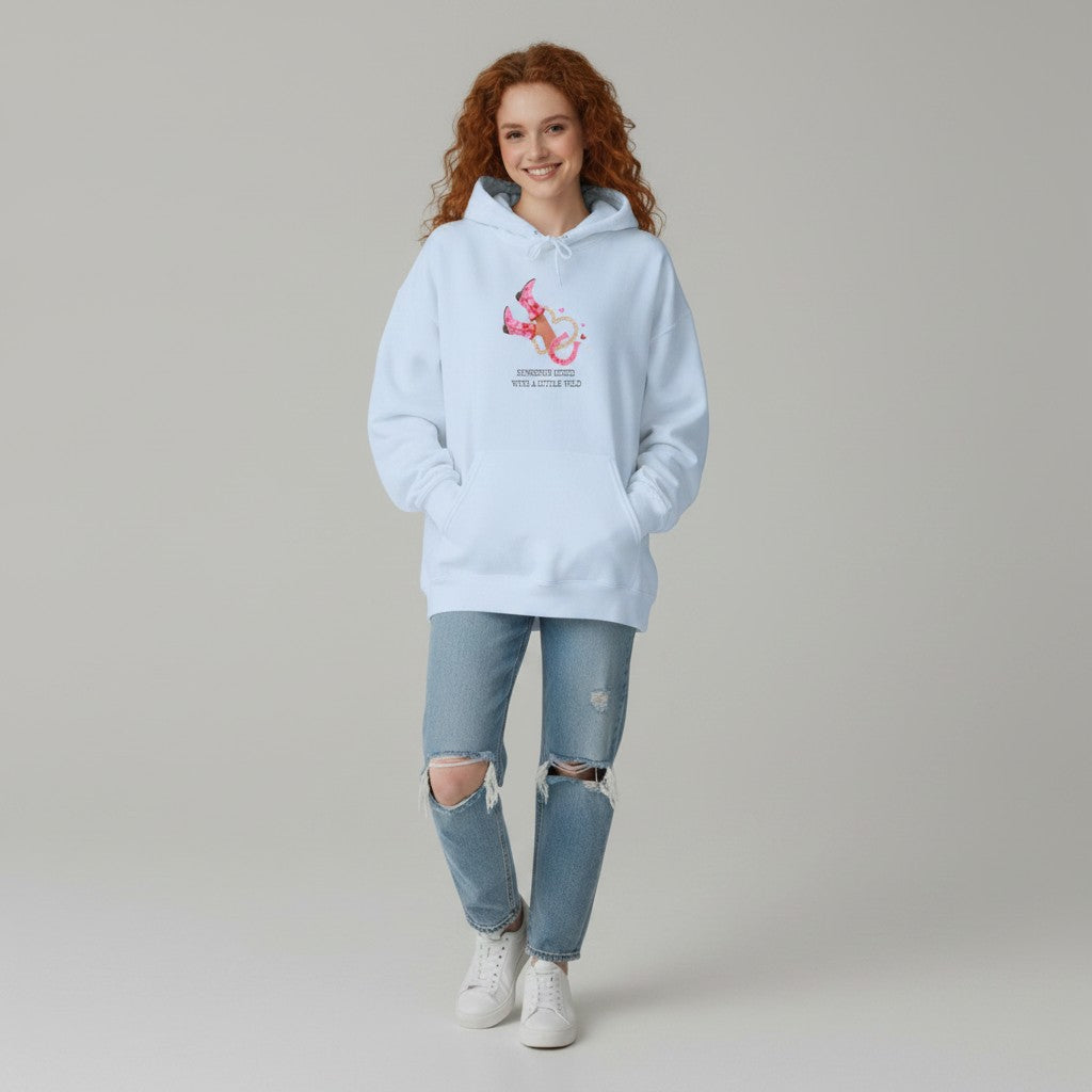Jena Jewelry light blue cotton blend hoodie with pink cowboy boots, horseshoe, and rope graphic. Features kangaroo pocket and drawstring hood.