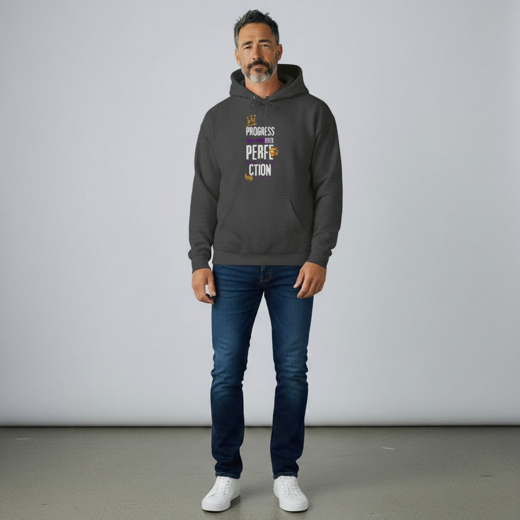 Jena Jewelry dark grey cotton-polyester blend hoodie with "Progress Over Perfection" graphic. Features a kangaroo pocket and double-lined hood.