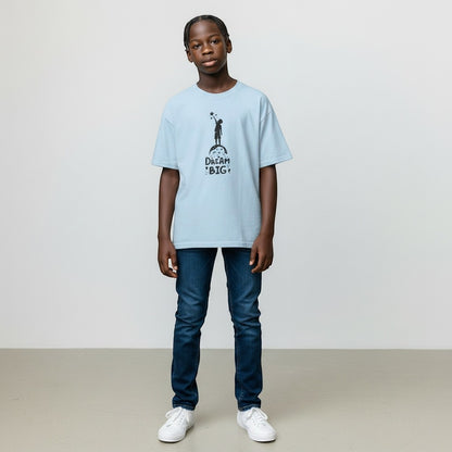 Jena Jewelry light blue cotton t-shirt with 'Dream Big' graphic and child reaching for stars.