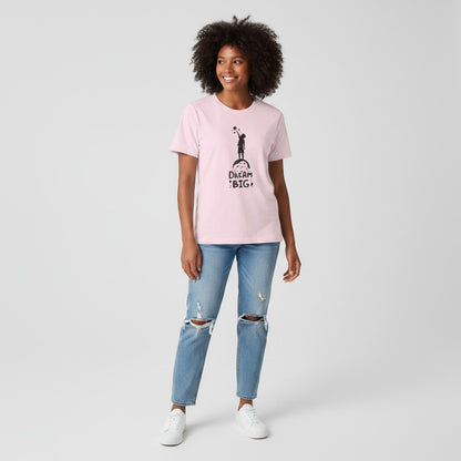 Jena Jewelry pink cotton t-shirt with 'Dream Big' graphic of child reaching for stars. Crew neck, short sleeves.