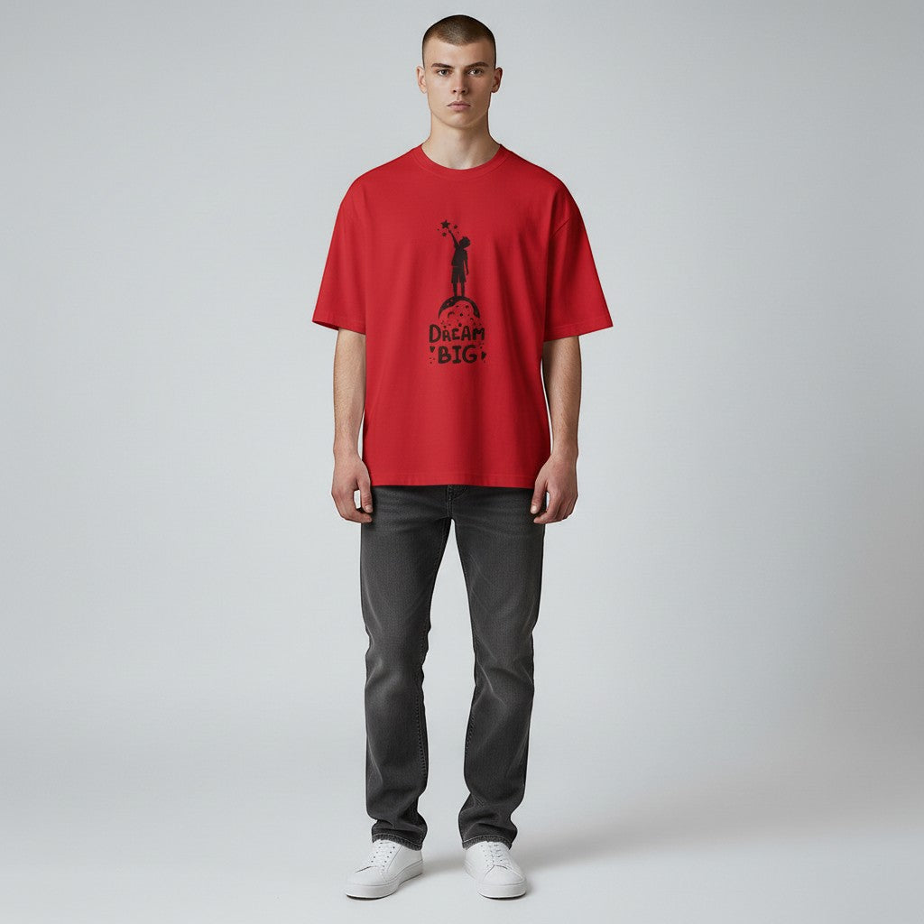 Jena Jewelry red cotton t-shirt with 'Dream Big' graphic of a child reaching for stars. For kids.