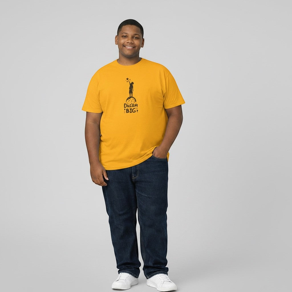 Jena Jewelry yellow cotton t-shirt with "Dream Big" graphic of child reaching for stars. For kids.