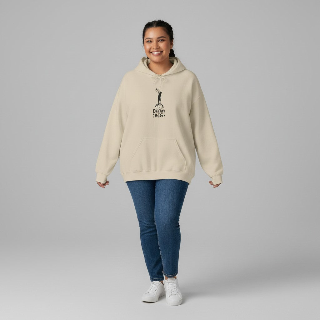 Jena Jewelry cream cotton-poly blend hoodie with minimalist astronaut illustration and "Dream Big" text.