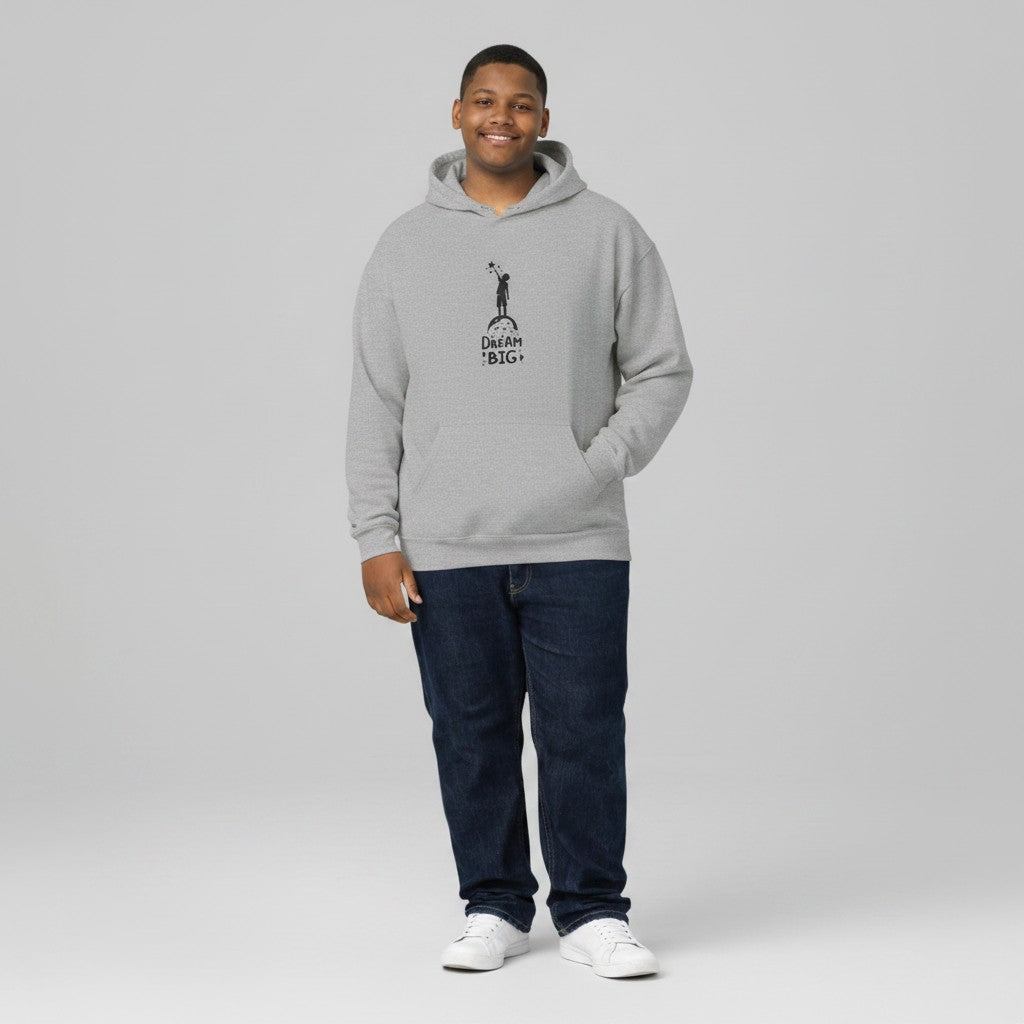 Jena Jewelry light heather grey hooded sweatshirt with a minimalist astronaut illustration and the words "Dream Big" printed on the front.