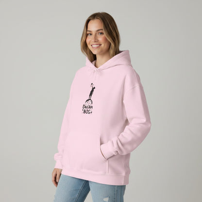 Jena Jewelry light pink cotton-poly blend hooded sweatshirt with a minimalist astronaut illustration and the words "Dream Big" printed on the front.