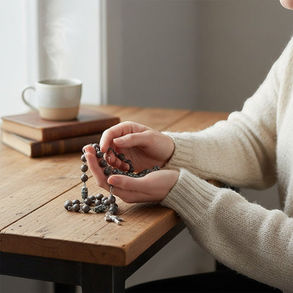 Jena Jewelry hand-wrapped rosary with ebony blackwood mala beads and hand-carved wood accents, featuring a base metal crucifix.
