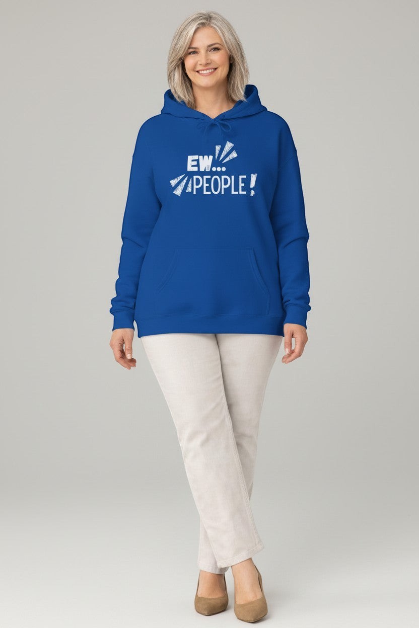 Jena Jewelry royal blue graphic hoodie with white "EW... PEOPLE!" text, kangaroo pocket, and hood. Model wears light beige pants.