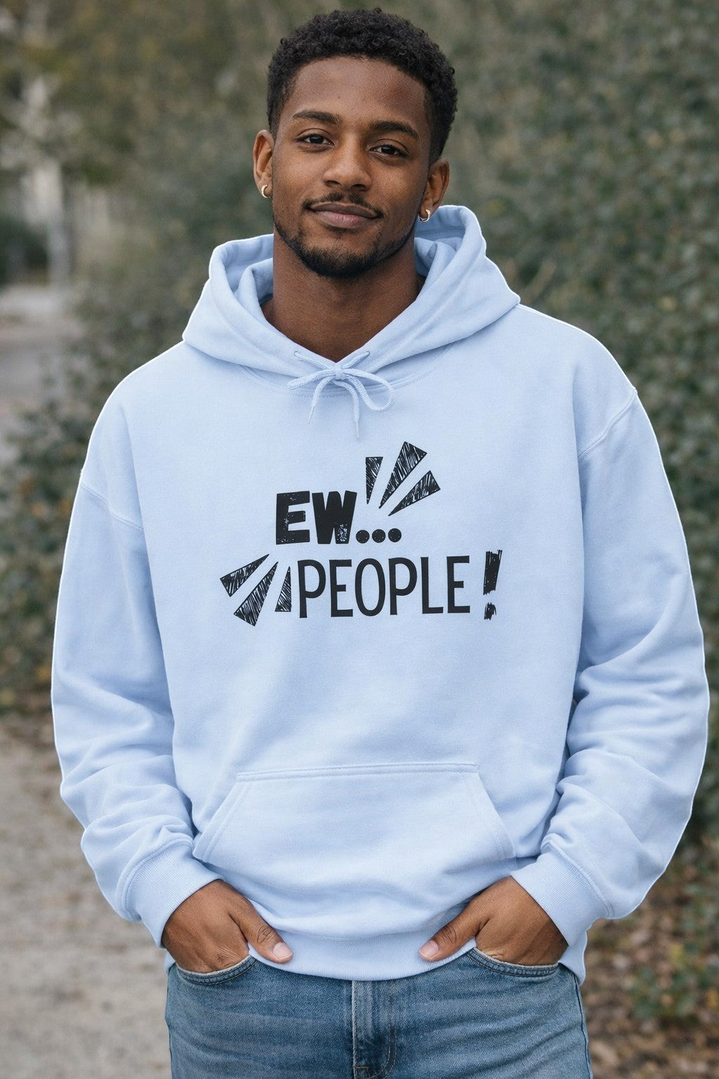Jena Jewelry light blue 50/50 cotton-poly hoodie with a distressed black "EW... PEOPLE!" graphic print on the chest. Features a kangaroo pocket and hood.