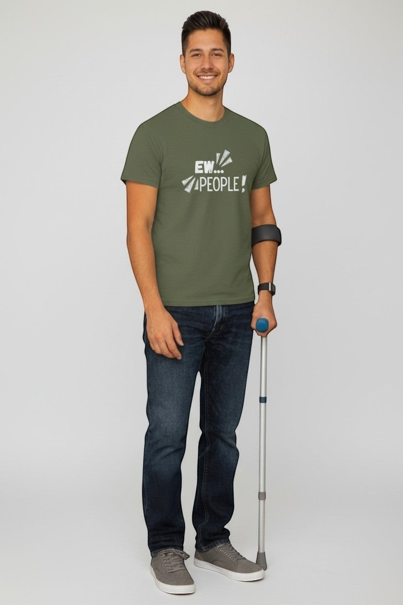 Jena Jewelry olive green 100% cotton t-shirt with white "EW... PEOPLE!" graphic print. Model wears dark wash jeans and grey sneakers.
